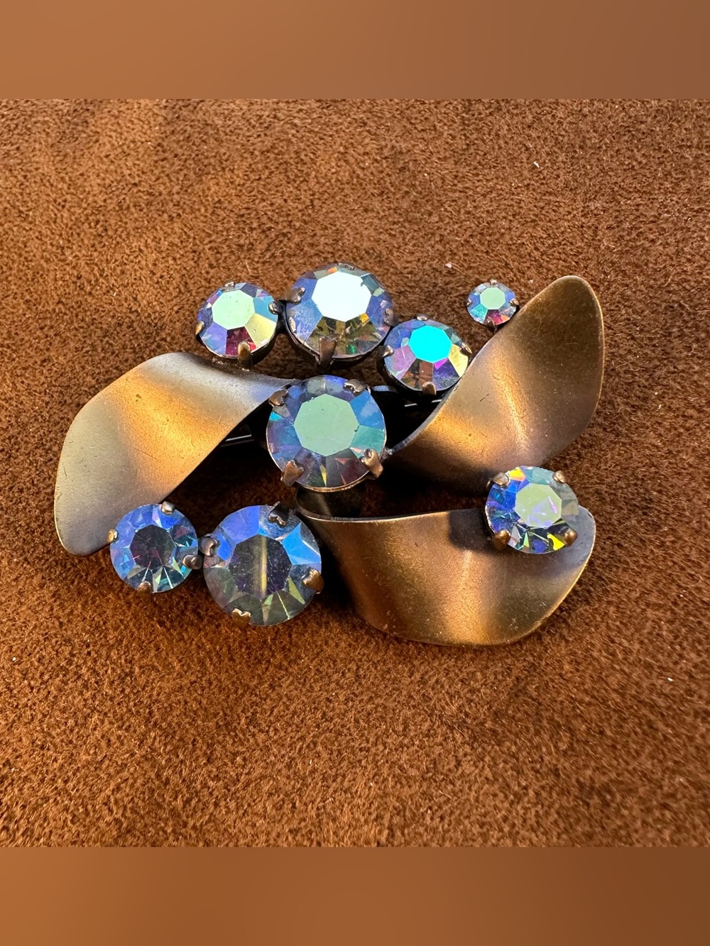 Vintage Aurora Blue Crystal Mid Century Abstract Ribbon Brooch